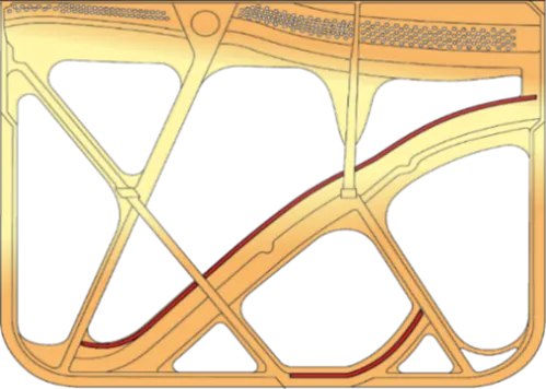 Le cadre en fonte d'un piano droit acoustique