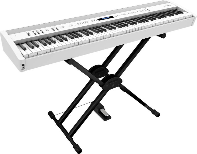 Piano numérique portable Roland modèle FP 60X blanc sur un pied en X
