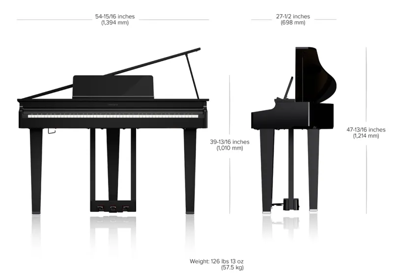 Dimensions du piano numérique à queue Roland modèle GP-3 noir brillant